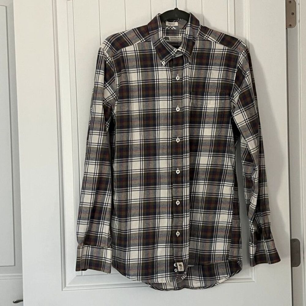 Onward Reserve Mens M Tailored Fit Plaid Shirt 100% Cotton White Blue Green